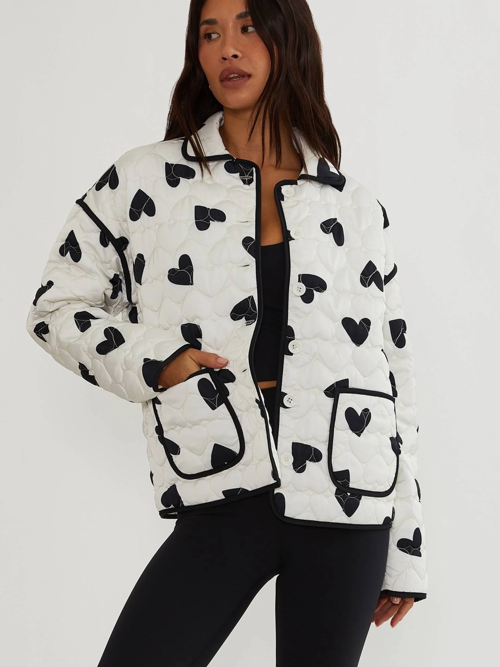 Beach Riot White Quilted Heart-Print Puffer Jacket with Black Trim